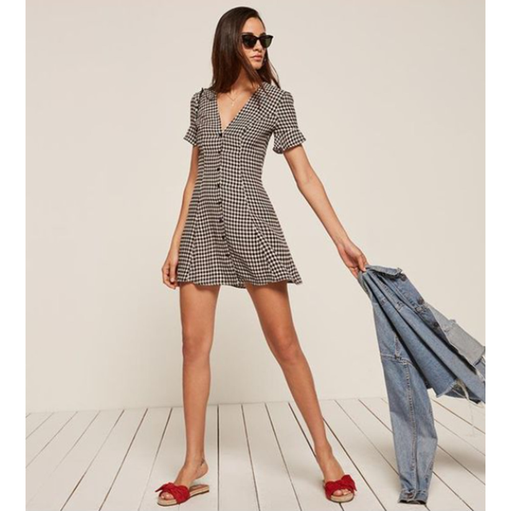 Reformation Dolce Gingham Ruffle Sleeve Mini Dress, Black/White Checkers, Size 4